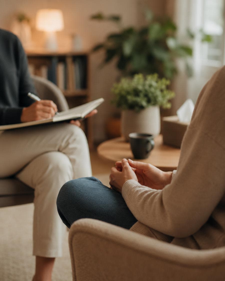 A private one-to-one therapy conversation in a calm room