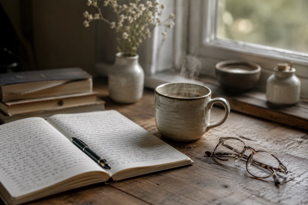 A book and warm drink in a quiet setting, representing reflective alcohol aftercare