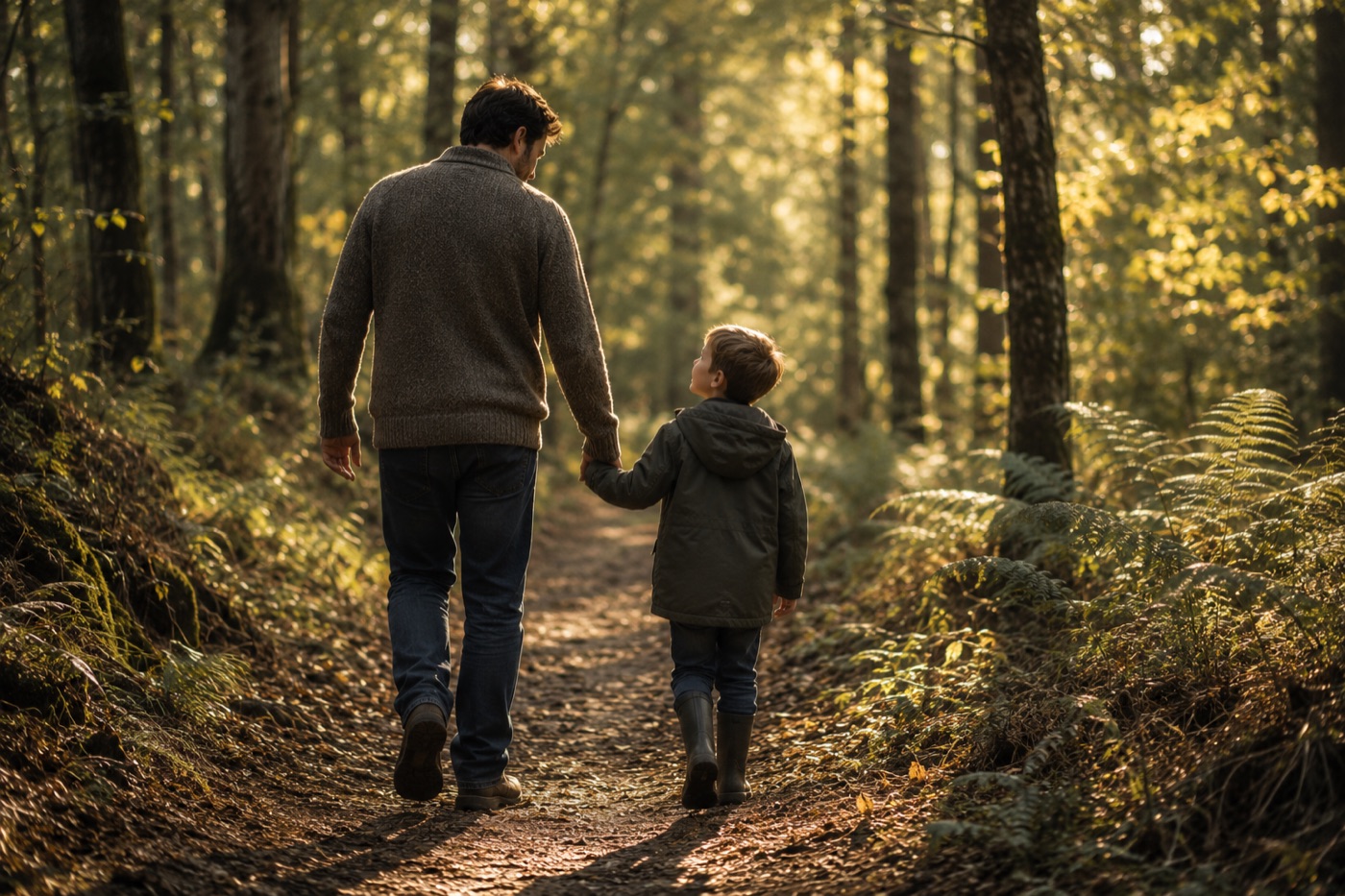 A father and son walking hand in hand through sunlit woodland