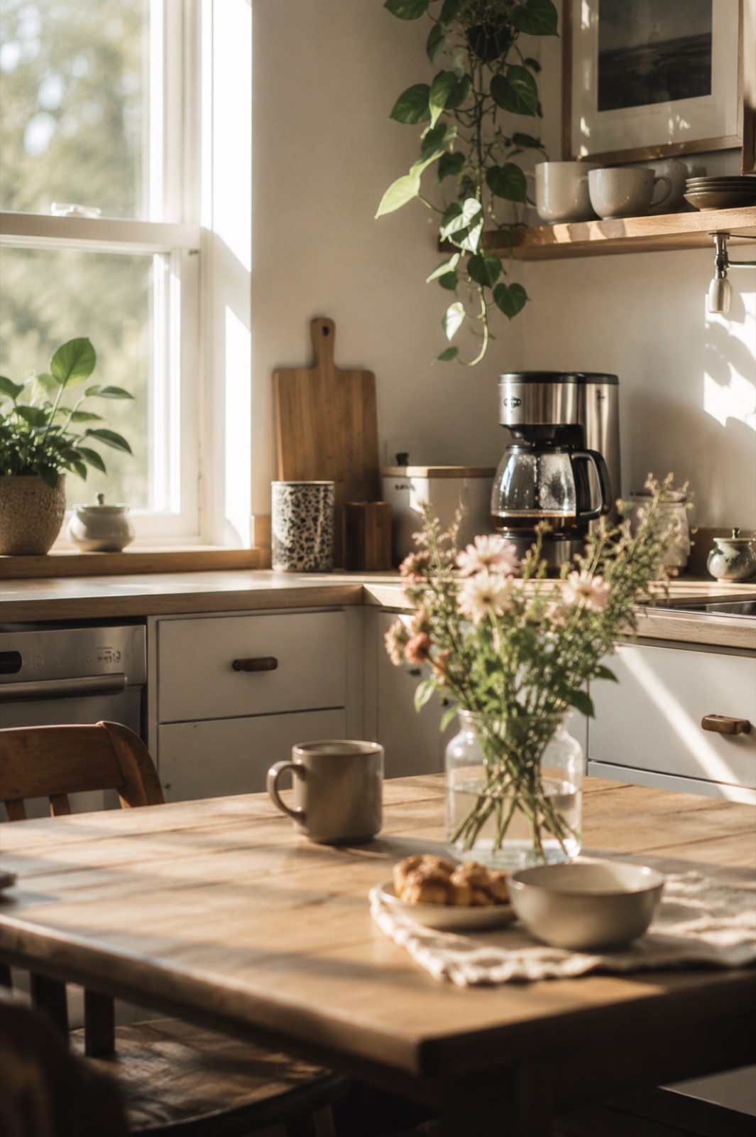 A peaceful sunlit kitchen and morning coffee, representing the quieter routines that support recovery