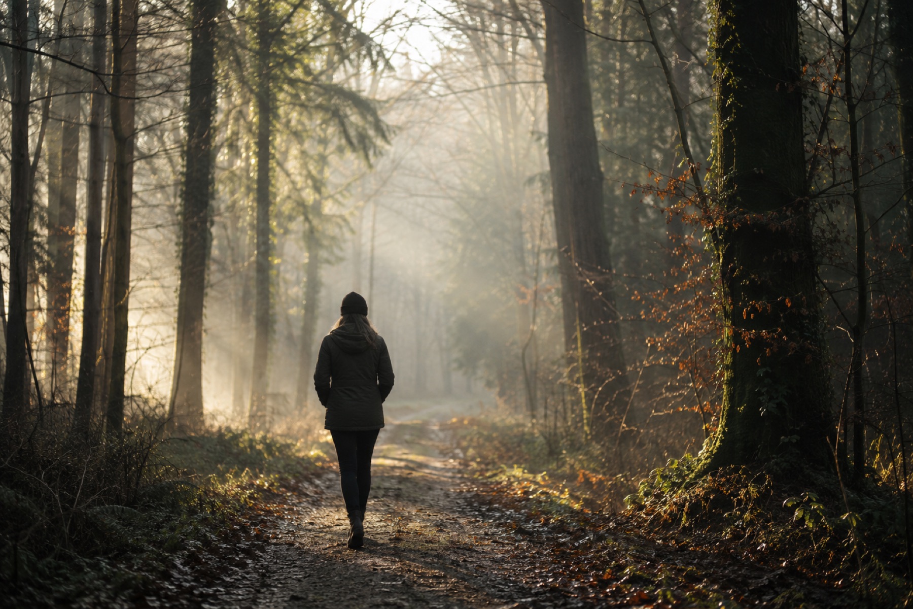 A person walking along a sunlit woodland path, reflecting the first steps into recovery