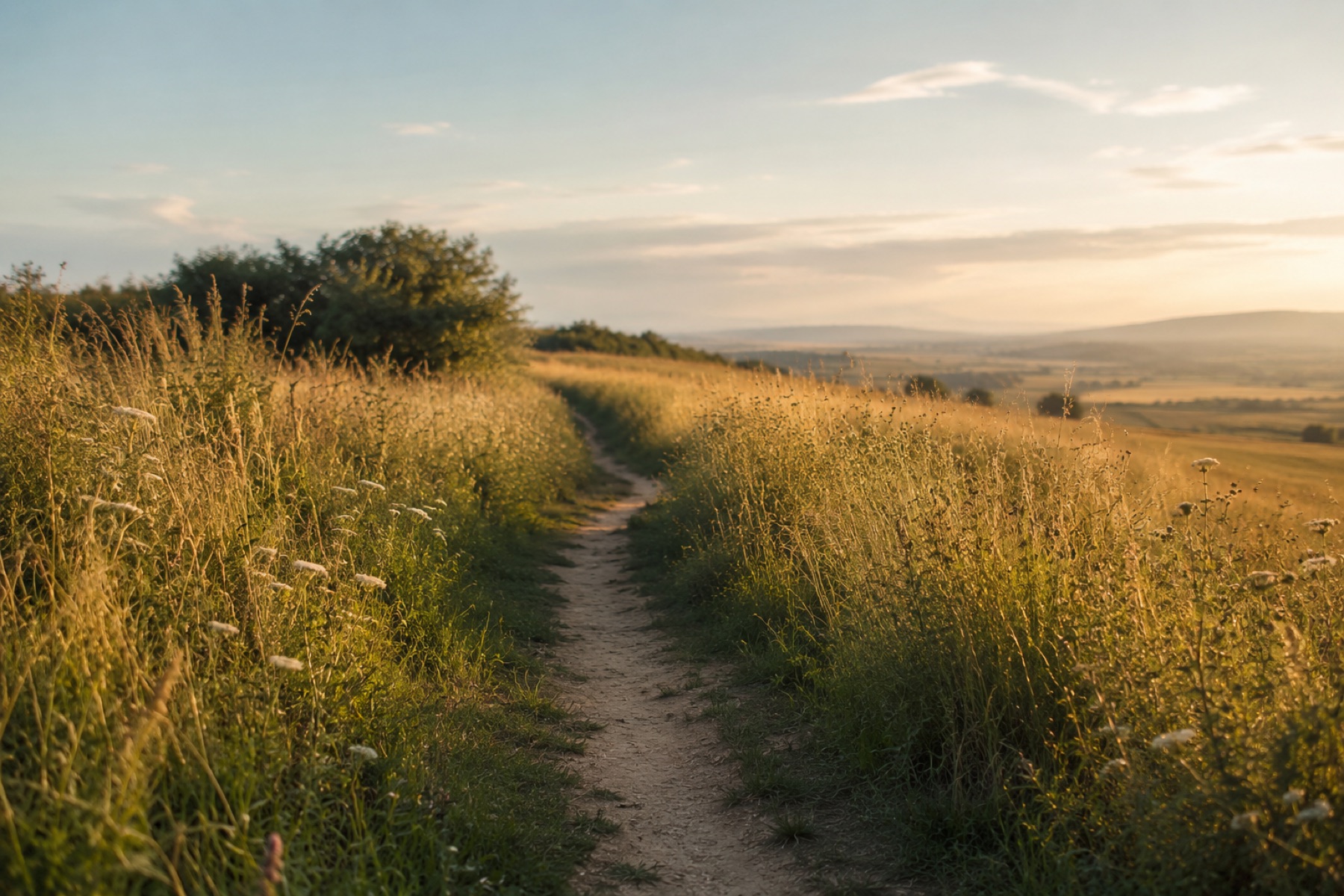 A warm sunlit path through open countryside, symbolising life after alcohol detox