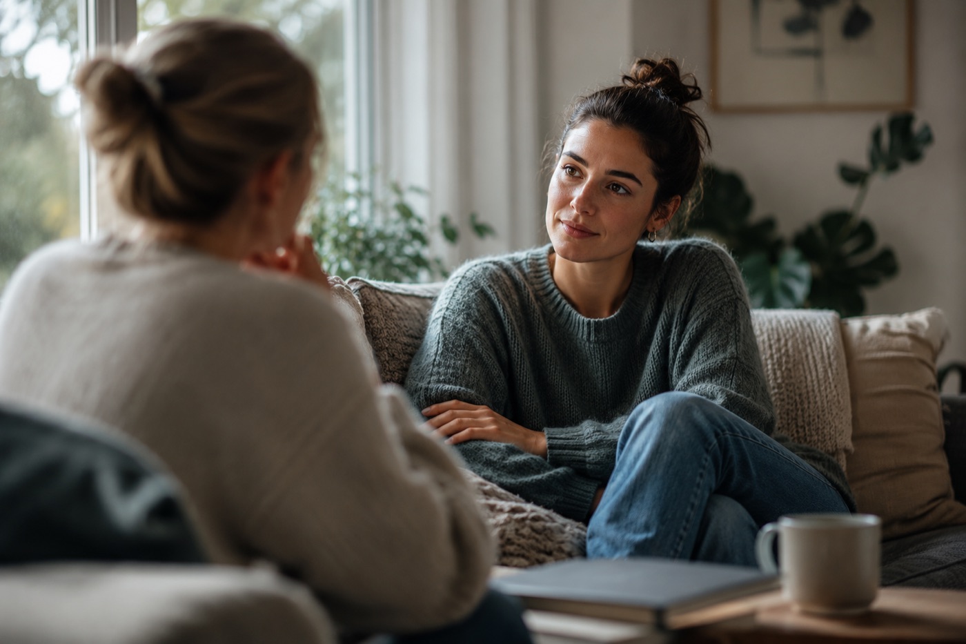 Two women having a calm, attentive conversation in a comfortable home setting