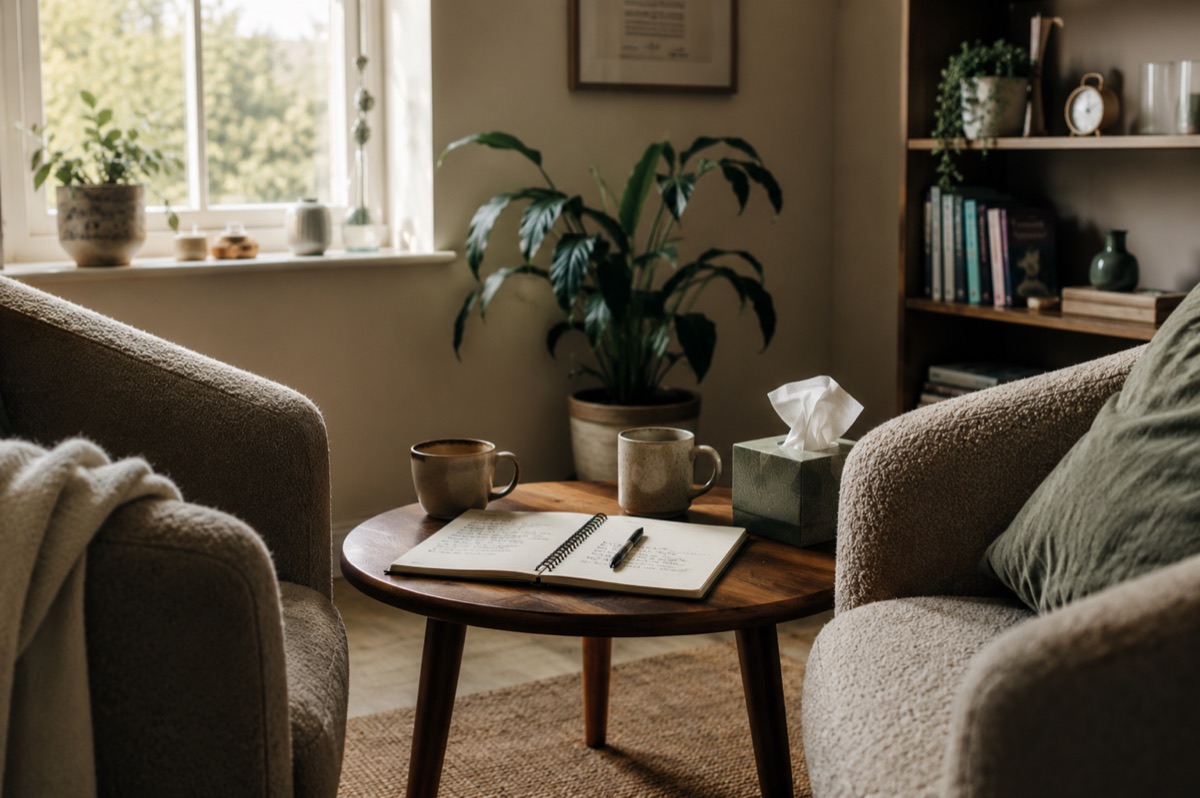 Two comfortable chairs arranged for a calm and private therapy conversation