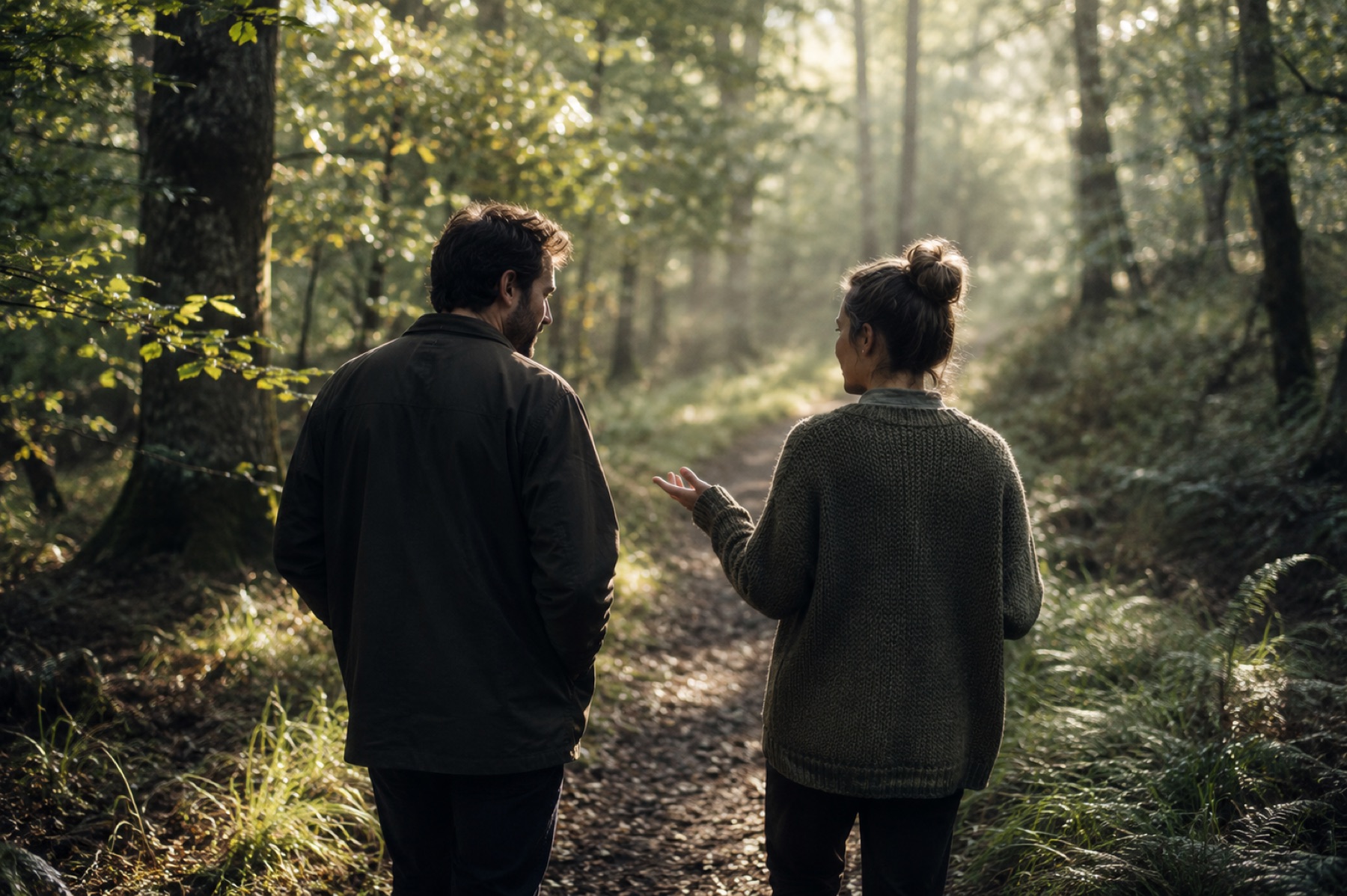 Two people talking while walking together through quiet woodland